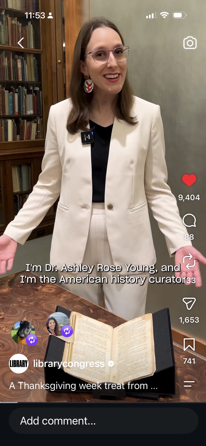 Ashley Rose Young presenting American Cookery in a Library of Congress Instagram video