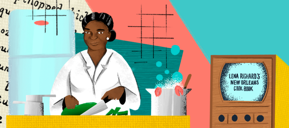 Sidedoor episode illustration of Lena Richard preparing food